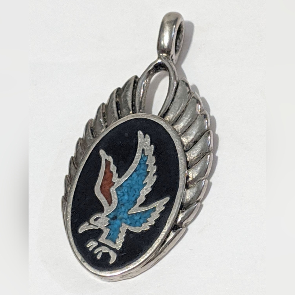 Vintage Sterling Silver Pendant Inlaid Turquoise Aztec Eagle Bird 6.3gr